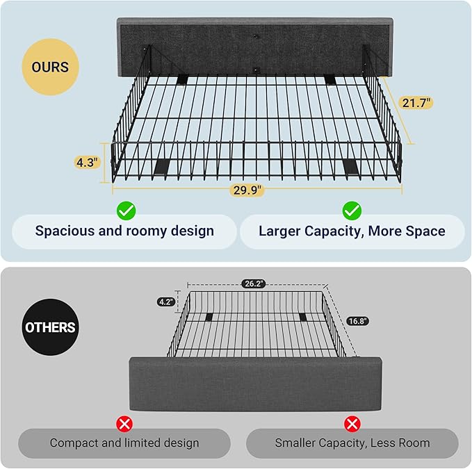 Allewie Upholstered Queen Size Platform Bed Frame with 4 Storage Drawers and Headboard, Square Stitched Button Tufted, Mattress Foundation with Wooden Slats Support, No Box Spring Needed, Light Grey