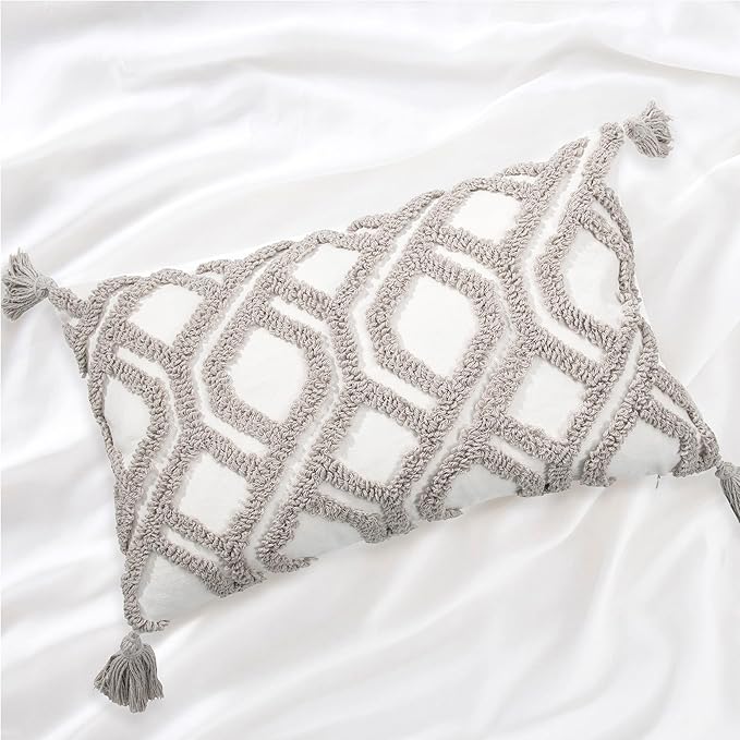 Boho Pillow Covers 12X20 Inch Boho Tufted Throw Pillow Covers Decorative Tassels Cushion Cover Farmhouse Pillow Case for Couch Sofa Bed Living Room Bedroom, Taupe