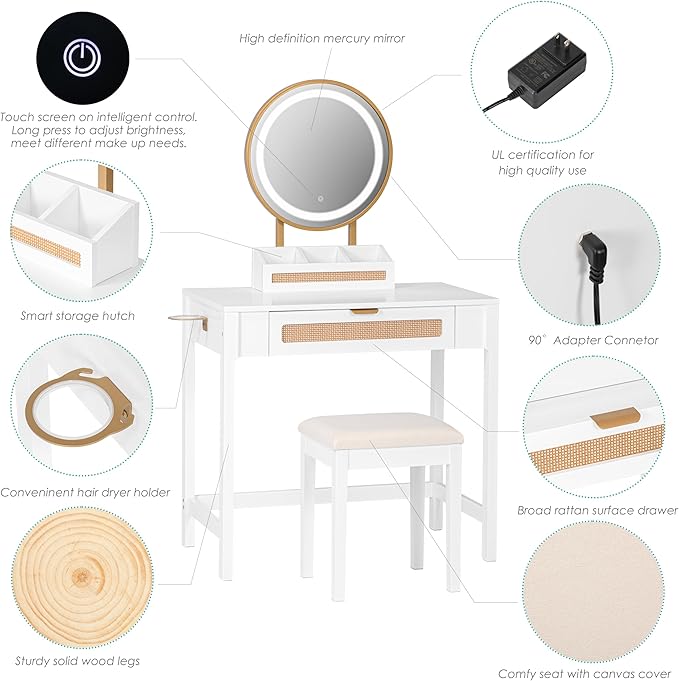 Spirich Makeup Vanity Desk with Mirror and Lights, Rattan White Vanity with Drawers, 3 Lighting Modes Small Vanity Dressing Table for Bedroom