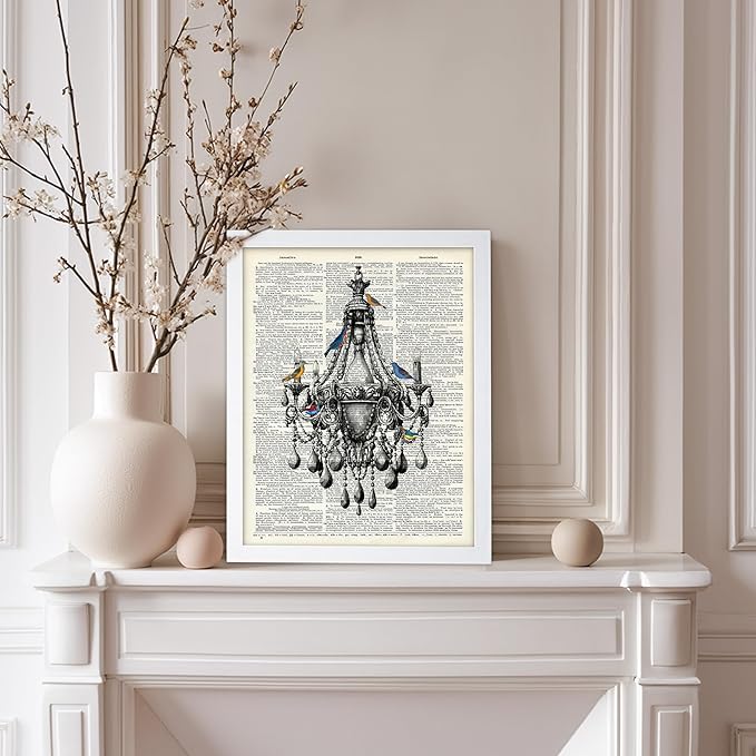 Poster Master Dictionary Art Poster - Antique Chandelier Print - Bird Art - Baroque Art - Gift for Men & Women - Chic Decor for Living Room, Dining Room, Bedroom or Kitchen, 8x10 White Framed