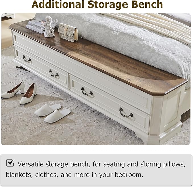 T4TREAM Farmhouse Queen Bed with Headboard and Storage Bench, Rustic Wood Platform Bed with 64" Storage Chest w/ 4 Large Drawer (Antique White)