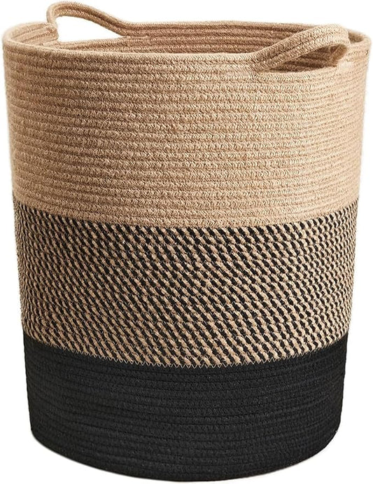 INDRESSME Laundry Basket Large Laundry Hamper, Woven Baskets for Storage, 17.8" x 15.8" x 13.8", Wicker Laundry Basket for Living Room, Dirty Clothes Basket, Baby Hamper for Nursery, Black & Jute