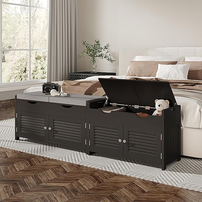 ChooChoo Shoe Storage Bench with Lift Top Storage, Entryway Bench with 2 Cushioned Seats, 3 Compartments, Adjustable Shelf, Shoe Cabinet for Entryway, Bedroom, Living Room, Black