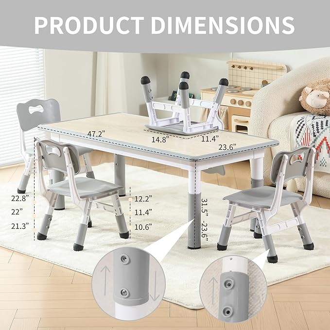 Kids Table and 4 Chairs Set, Height Adjustable Toddler Table and Chairs Set with Rubber Foot Covers, Graffiti Desktop Children Activity Table for Ages 2-10, Daycare, Classroom