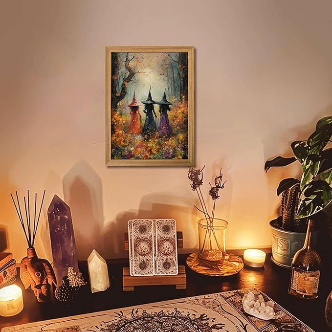 Framed Vintage Halloween Witch Wall Art – Halloween 3D Texture Witches Pictures Fall Decor for Living Room, Mysterious Forest Witchy Sandstone Aesthetic Art Prints for Bedroom Kids Room – 12x16in