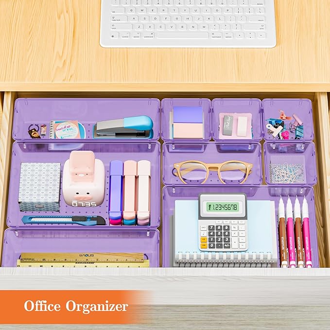 25 PCS Plastic Drawer Organizer Set, 4-Size Versatile Organizer Trays & storage Bins for Makeup, Jewelry, and Gadgets in Bathroom, Bedroom and Office,Clear Purple