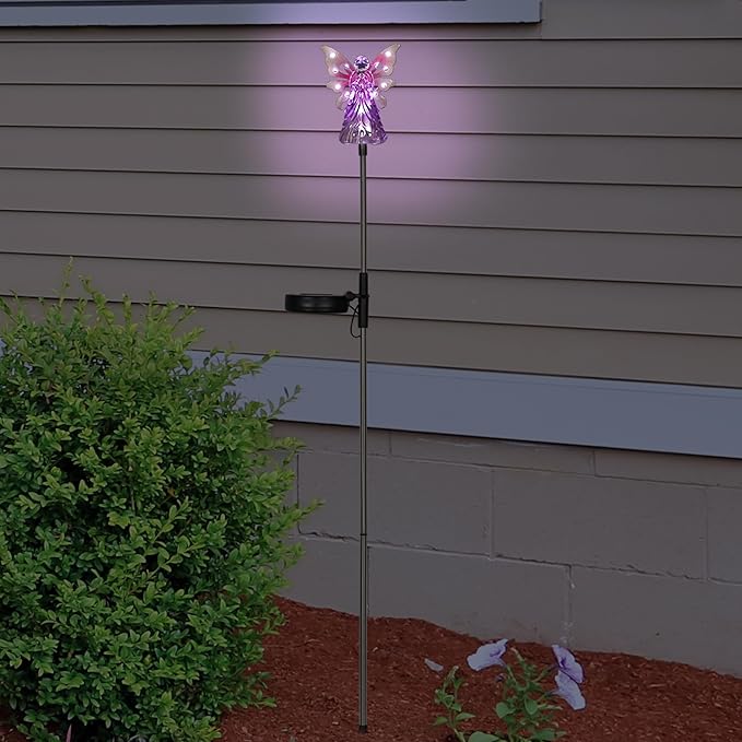 Exhart Garden Solar Lights, Decorative Angel Garden Stake, 12 LEDs, Cute Yard and Pathway Decor, Pink, 4 x 34 Inch