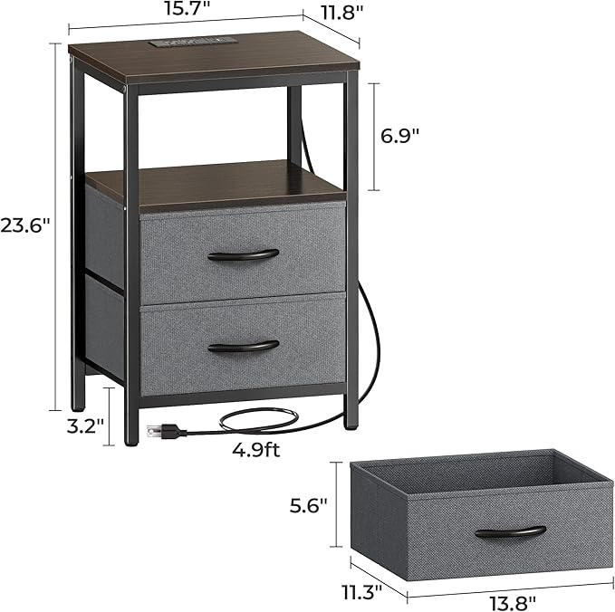 Huuger Nightstands Set of 2, End Tables with Charging Station, Fabric Drawers, Bedside Tables with USB Ports and Outlets, Night Stands for Bedroom, Walnut, 8695NC