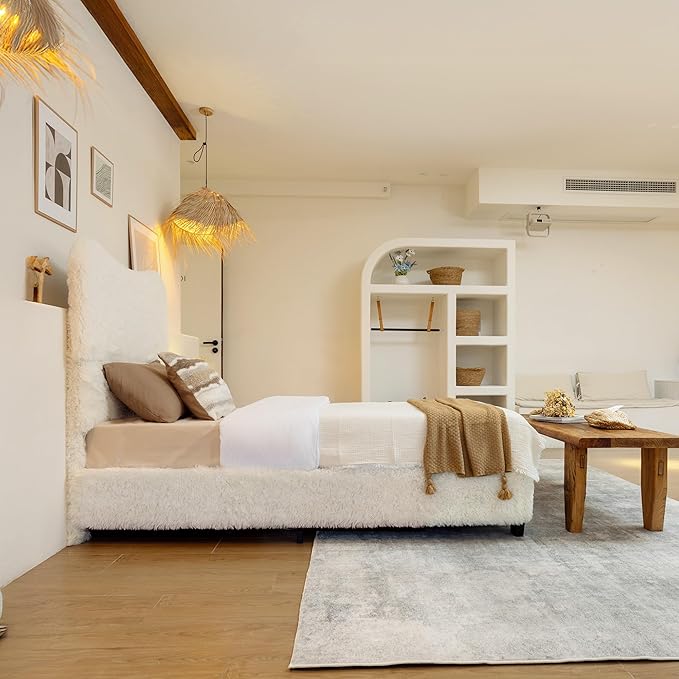 Brafab Queen Bed Frame with Headboard, Boho Fluffy Boucle Cloud Upholstered Platform Bed with Soft Rounded Corners and Wooden Slats, No Box Spring Needed, Noise Free, Easy Assembly, Beige