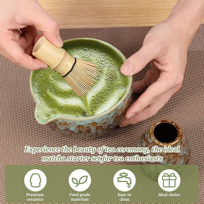 2Pcs Ceramic Matcha Bowl and Whisk Holder Set Easy to Use Tea Bowl and Whisk Stand Easy to Clean Matcha Tea Mixing Tool for Lover.(Kiln turns coffee,2PCS)