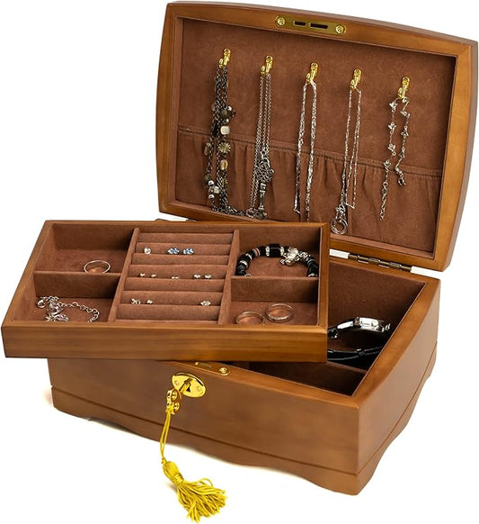 Wooden Jewelry Box with Lock & Key for Women, Medium Size Real Natural Wood Lockable Antique Organizer with Large Storage, Big Ring Compartments, Built in Necklace Hooks, Brown