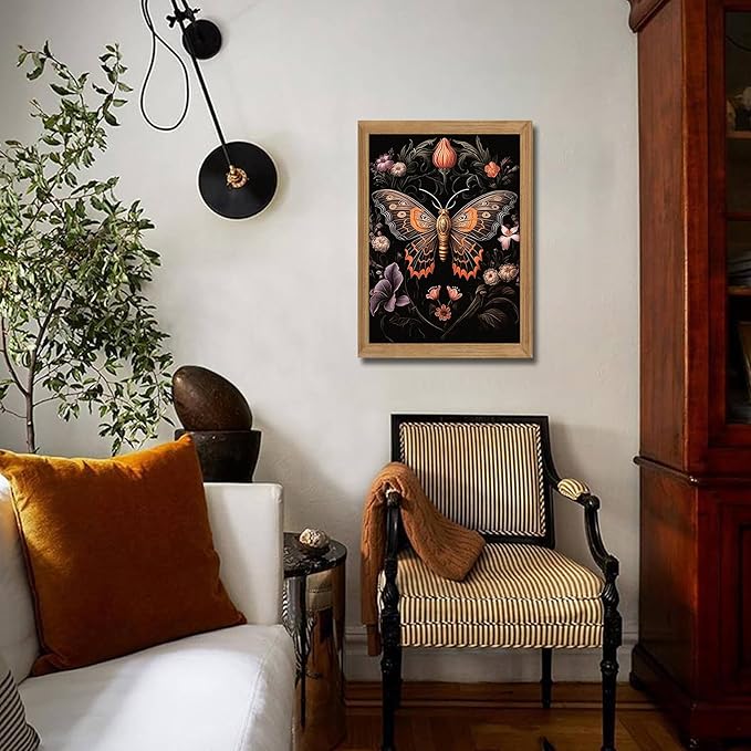 Framed Vintage 3D Textured Wall Art - Gothic Butterfly Wall Decor - Hand Drawn Sandstone Nature Botanical Pictures for Living Room Bedroom Home Decor 16x24 inches