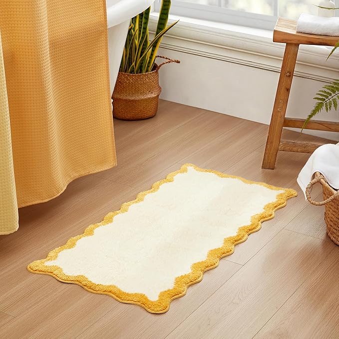 MONDAY MOOSE Bath Mat with Scalloped Wavy Ripple Design, Microfiber Absorbent Non Slip Tufted Rug for Floor, Shower or Kitchen (24x47 inch, Yellow)