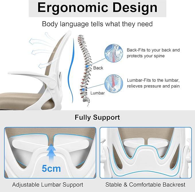 Primy Office Chair Ergonomic Desk Chair with Flip up Armrests Swivel Breathable Desk Mesh Computer Chair with Adjustable Lumbar Support and Height for Conference Room (Khaki)