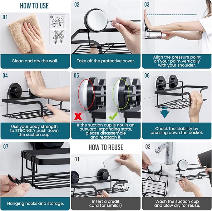 TAILI Shower Caddy Suction Cup 2 Pack, Heavy Duty Bathroom Basket, Bath Shelves for Inside, Stainless Steel Shower Holder Organizer for Bathroom Storage & Home Decor, No Drilling,Black