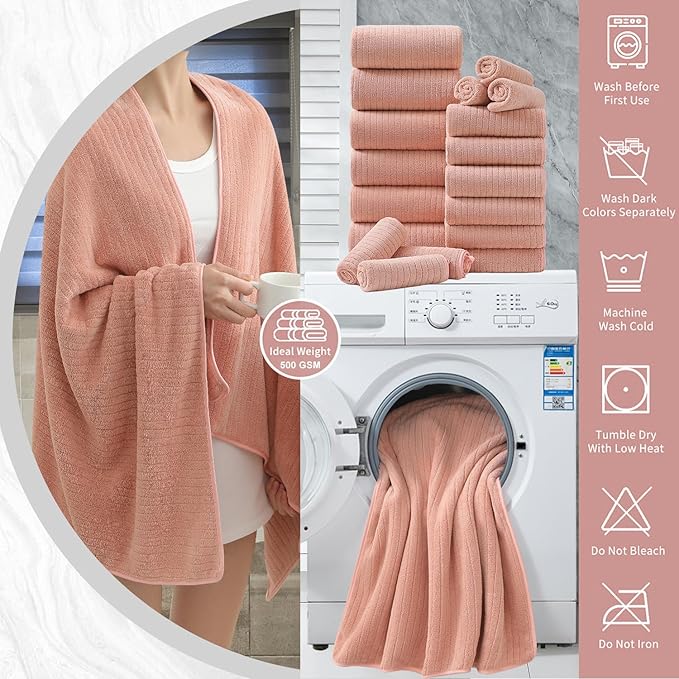 18 Piece Bath Towels Set,Super Soft Family Bathroom Towel Set with Hanging Loops-6 Bath Towels,6 Hand Towels,6 Washcloths,Highly Absorbent Quick Dry Shower Towel for Bathroom,Hotel,Spa-Blush Towel Set