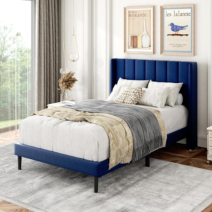 Twin Size Bed Frame with Upholstered Wingback Headboard, Easy Assemnly Platform Bed, Wooden Slat Support No Box Spring Needed, Navy Blue