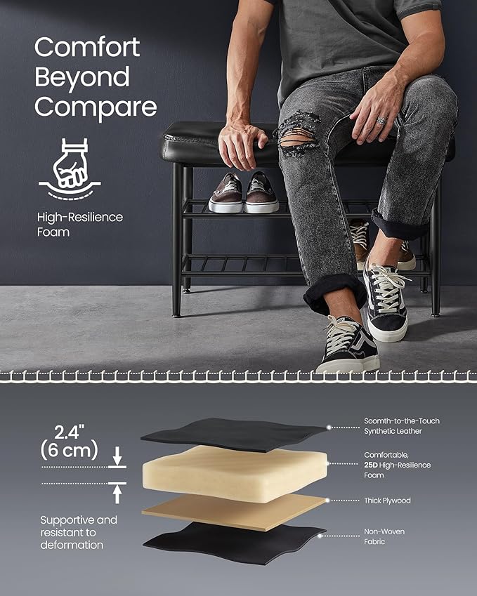 VASAGLE EKHO Collection - Shoe Rack Bench, Storage Bench for Entryway, Synthetic Leather with Stitching, Mid-Century Modern, Loads 300 lb, 11.8 x 31.5 x 19.7 Inches, Ink Black ULSB054B01