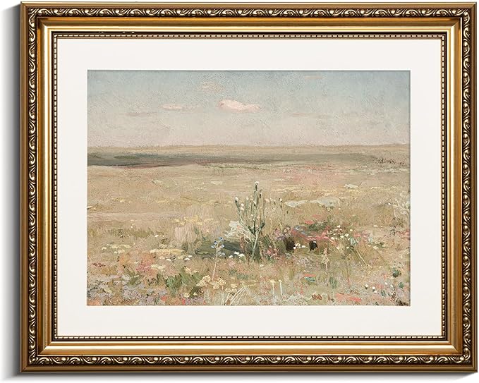 VIYYIEA Gold Framed Wall Art Canvas Print - Vintage Meadow Landscape Oil Painting - Farmhouse Wall Decor - Flower Art - French Decor for Living Room & Cozy Bedroom - 13x16in