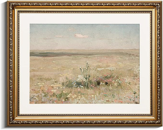 VIYYIEA Gold Framed Wall Art Canvas Print - Vintage Meadow Landscape Oil Painting - Farmhouse Wall Decor - Flower Art - French Decor for Living Room & Cozy Bedroom - 13x16in