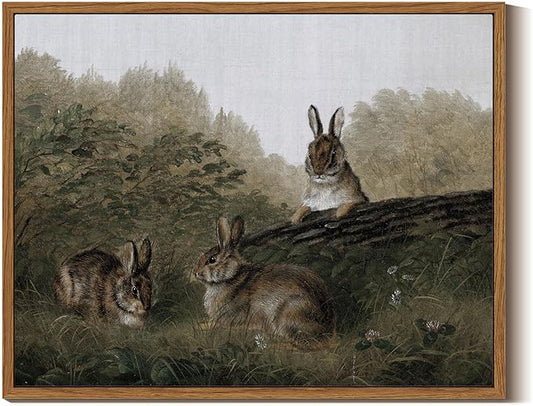 InSimSea Framed Wall Art for Living Room Three Rabbits Easter Bunny Decor Vintage Landscape Wall Art Aesthetic Woodland Animal Oil Painting Prints Countryside Farmhouse Wall Decor for Bedroom 11x14in