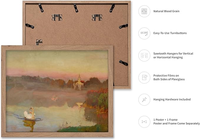 Poster Master Vintage Pond in Radziejowice Poster - Retro Swan Print - Lake Art - Landscape Art - Farmhouse Art - Animal Lover Art - Aesthetic Living Room or Office Decor, 8x10 Beige Framed