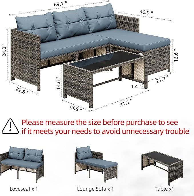 Shintenchi Outdoor Patio Furniture Sets, Wicker Patio sectional Sets 3-Piece, All Weather Wicker Rattan Patio Seating Sofas with Glass Coffee Table and Cushion (Blue Grey)