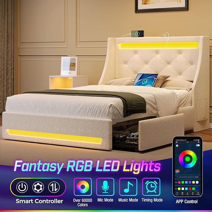 Rolanstar Twin Bed Frame with LED Lights and Charging Station, Upholstered Bed with Drawers, Wooden Slats, Noise Free, Easy Assembly, Beige