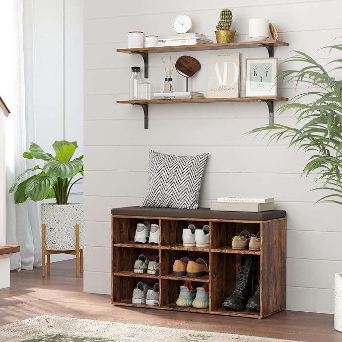 DINZI LVJ Shoe Storage Bench with Cushion, Cubby Rack with 9 Cubbies, Adjustable Shelves, Multifunctional Organizer Bench for Entryway, Mudroom, Hallway, Closet and Garage, Rustic Brown