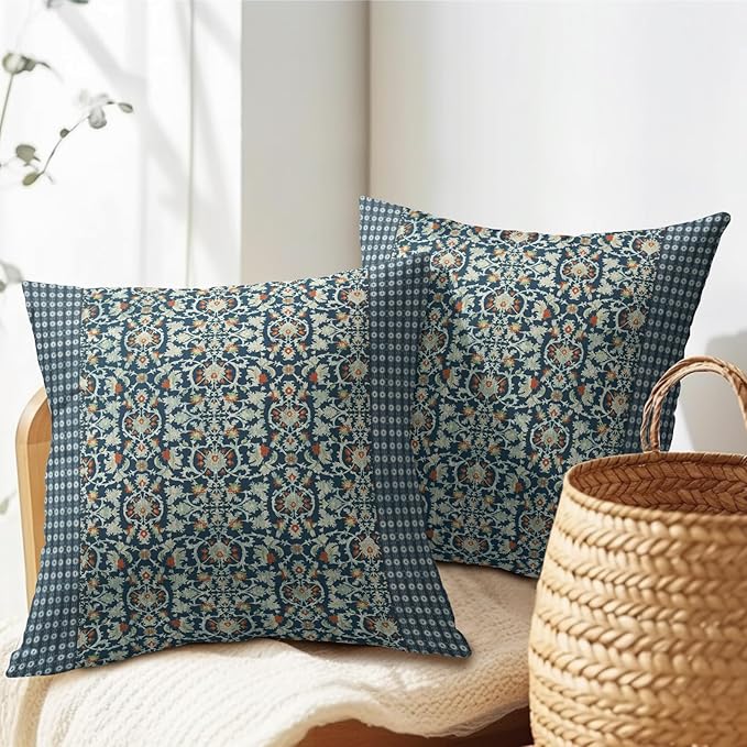 Kawani Antique Pillow Covers 18x18 Inch Vintage Floral Block Print Blue Red Decorative Throw Pillow Covers Set of 2 Retro Turkish Pillowcases for Couch Indoor Outdoor Home Decor