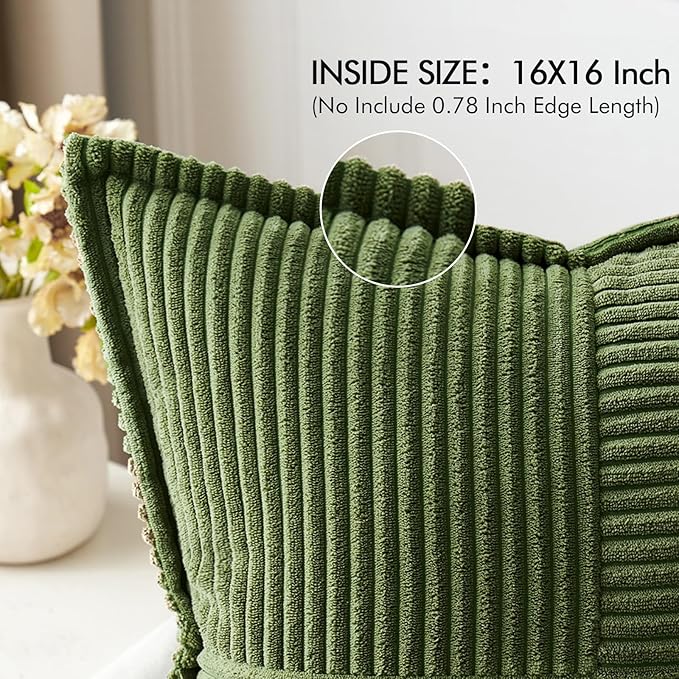 MIULEE Decorative Throw Pillow Covers for Couch Bed Livingroom 16x16 Inch Set of 2 Moss Green Boho Accent Throw Pllows Broadside Striped Patchwork Soft Corduroy Summer Pillowcases