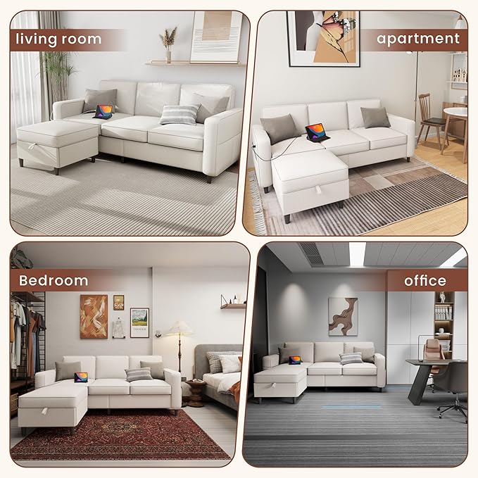 Sectional Couches for Living Room - Deep Seater Couch Living Room-Comfy L Shape Modular Sofa,with Storage Chaise-Washable Covers-Suitable for Living Rooms,Apartments,Rooms and Offices-Beige,USB