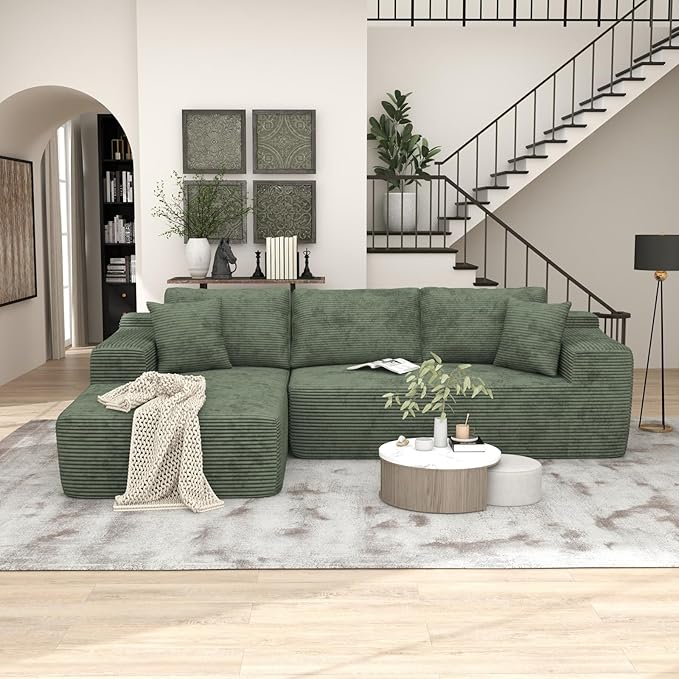 OC Orange-Casual 106.3" Cloud Sectional Couch with L-Shape Chaise,No Assembly Required Modular Sofa,Upholstered Boneless Couches for Living Room, Plush Corduroy Fabric (Green, Left Facing Chaise)