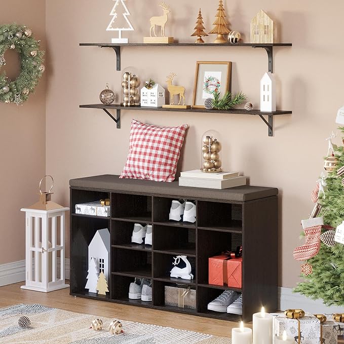 DINZI LVJ Shoe Storage Bench with Cushion, 16-Cubby Shoe Rack, Adjustable Shelves, Multifunctional Shoe Organizer Bench for Entryway, Mudroom, Hallway, Living Room, Bedroom and Garage, Espresso