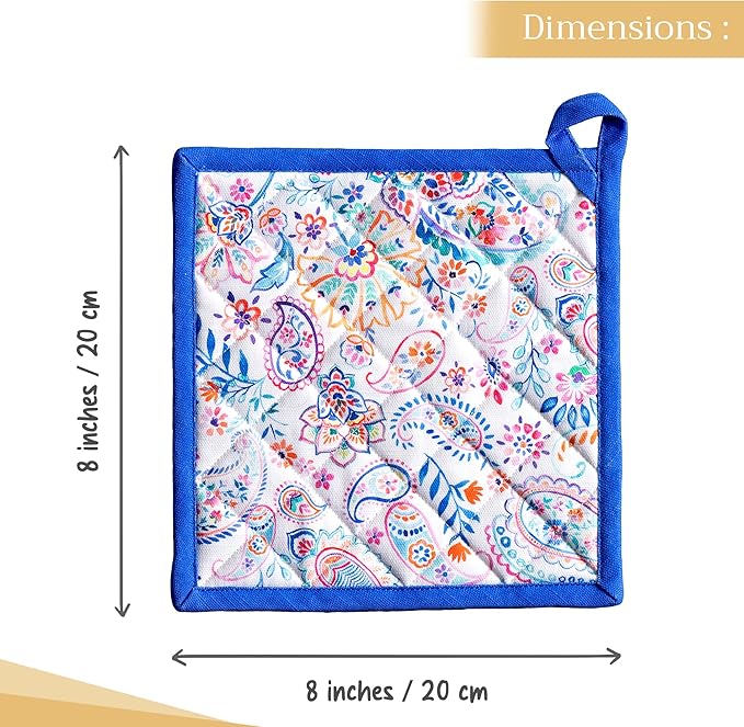 Maison d' Hermine Pot Holders 100% Cotton Heat Resistant Potholders 8" x 8" Hot Pads with Loop BBQ, Cooking, Baking, Grilling, Kitchen, Handling Hot Pans Spring/Summer (Pack of 1, Indian Floral)