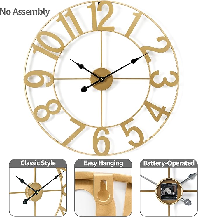 Sorbus 24-Inch Large Wall Clock – Decorative Gold Metal Clock with Black Hands – Silent, Battery Operated, Modern Wall Decor for Living Room, Kitchen, or Office – Great Gift for Housewarming or Office