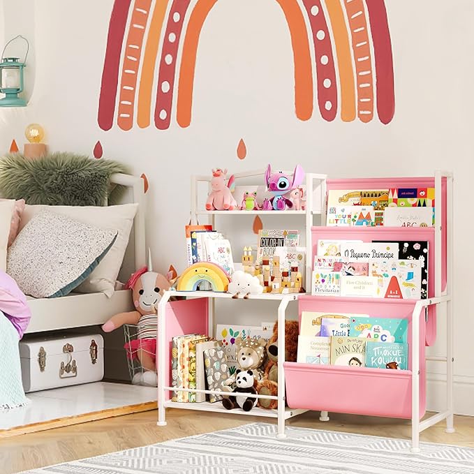 Kids Bookshelf and Toy Organizer, 3 Tier Girls Pink Bookshelf for Kids, Nursery Book Shelves, Toddler Book Shelf, Kids Book Shelf for Kid Room, White/Pink