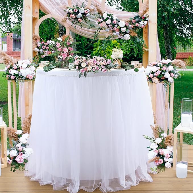 2 Pack 6ft White Tulle Table Skirts for wedding Bridal Shower White Ruffle Tutu Tablecloth for Baby Shower Birthday Party Banquet Baptism Cake Dessert Table Decorations