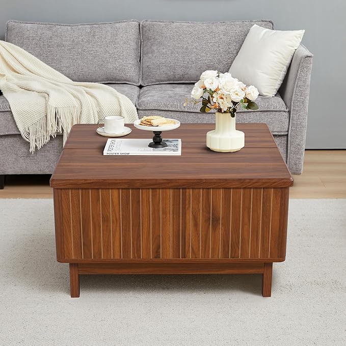 Lift Top Coffee Table, Square Coffee Table with Hidden Storage Compartment, Farmhouse Wood Center Table Dining Table for Living Room, Bedroom, Home Office (Walnut)