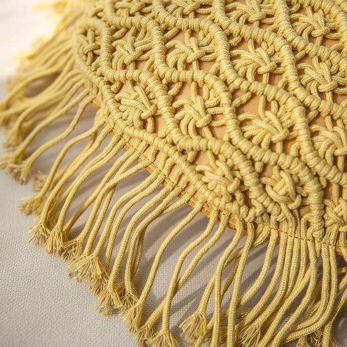 Phantoscope Macrame Cotton Handmade Crochet Woven Boho Throw Pillow with Tassel Cute Farmhouse Pillow Insert Included Lumbar Small Decorative Cushion for Couch Sofa, Ginger,16 inches Round