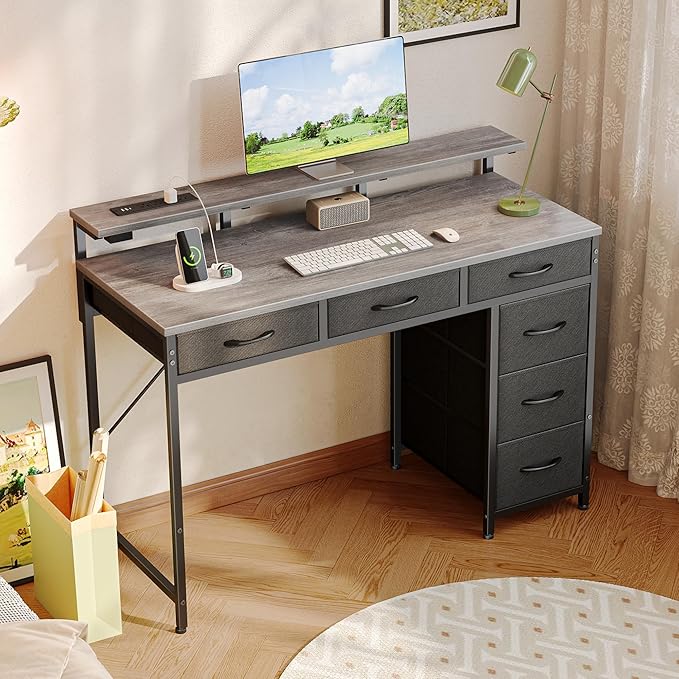 Huuger Gaming Desk with 6 Drawers, Computer Desk with LED Lights Power Outlets and Type-C, 39 Inch Office Desk with Storage, Monitor Stand, Writing Desk Work Desk for Home Office, Bedroom, Study, Grey