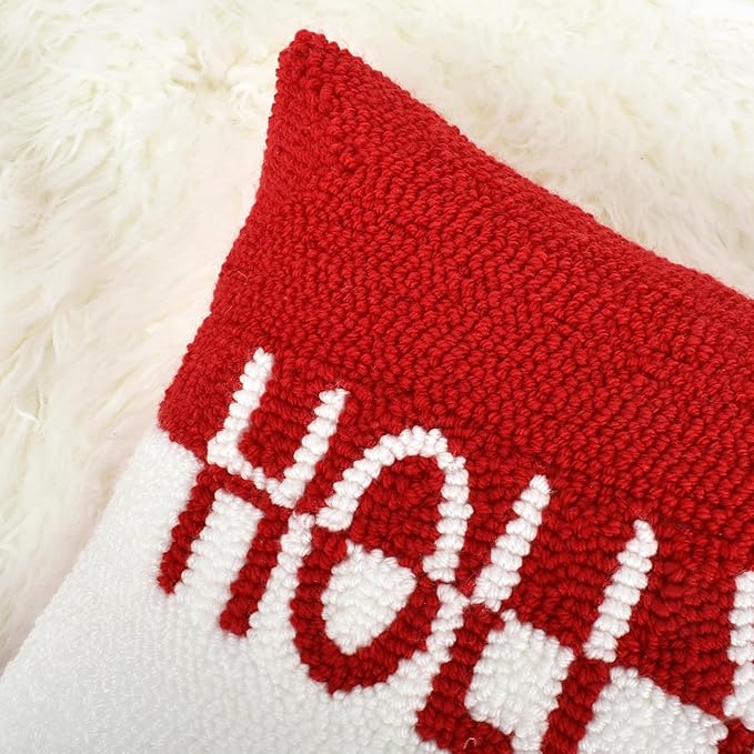 Holly Jolly Christmas Pillow Covers 12x20, Hooked Wool Embroidered Christmas Throw Pillow Covers Christmas Decorations Holiday Pillows for Home Couch,Red White