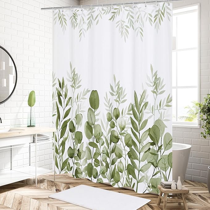 MitoVilla Sage Green Eucalyptus Shower Curtain, Plant Leaves Vintage Fabric Shower Curtains for Rustic Bathroom Decor, Chic Modern Botanical Shower Curtain, 72x72