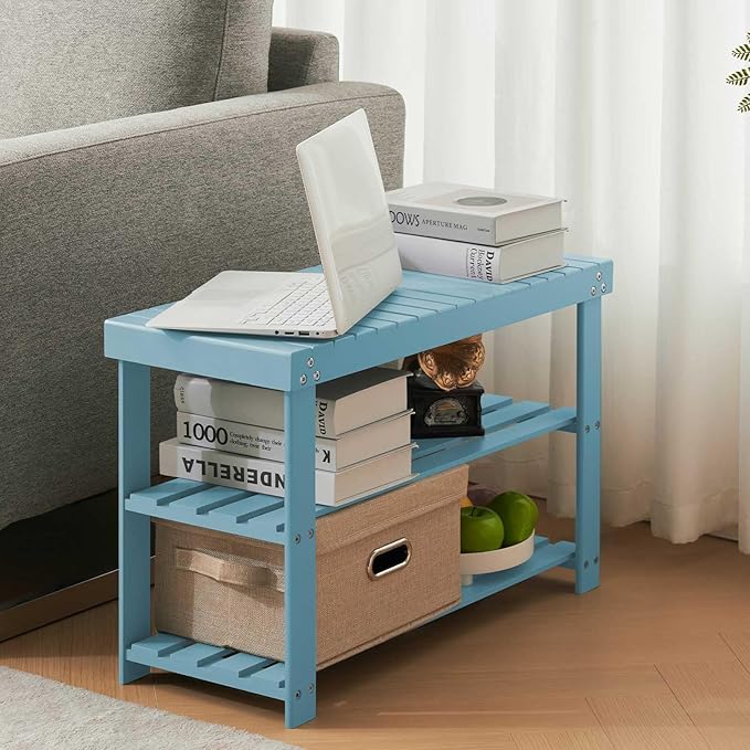 Apicizon Bamboo Shoe Rack for Entryway, 3-Tier Shoe Rack Bench for Front Indoor Entrance, Small Shoe Organizer with Storage, Blue