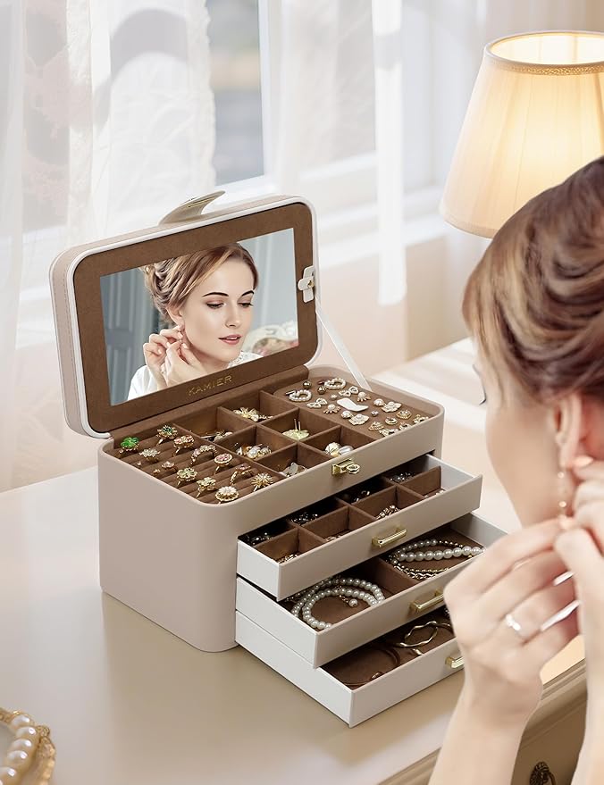 KAMIER Jewelry Organizer Box, 4 Layer Jewelry Organizer with Mirror, 3 Drawers, Large Jewelry Box for Bracelets, Earrings, Rings, Necklaces, Mothers Day Gifts for Loved One, Beige