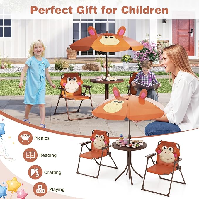 Costzon Kids Picnic Table, Kids Outdoor Table with 2 Folding Chairs, Height Adjustable Umbrella, Portable Children Outdoor Furniture for Patio, Garden, Backyard (Brown)
