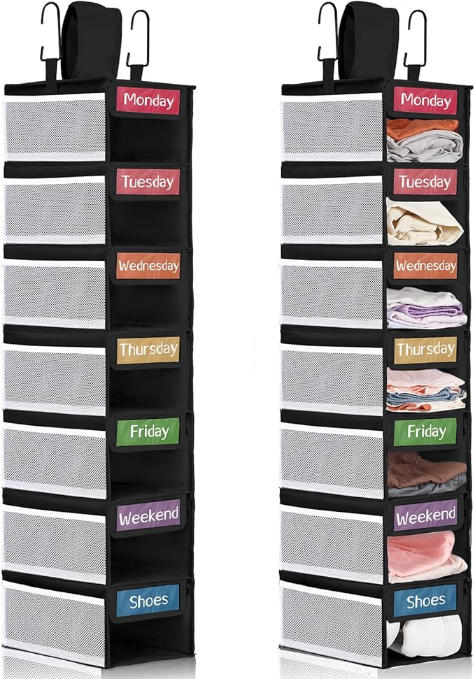 2 Pack 7 Shelf Weekly Clothes Organizer Hanging Closet for Kids with Side Pockets Weekday Shoes Rack Weekly Clothes Organizers Monday Through Weekend Foldable Storage Shelves(Black)