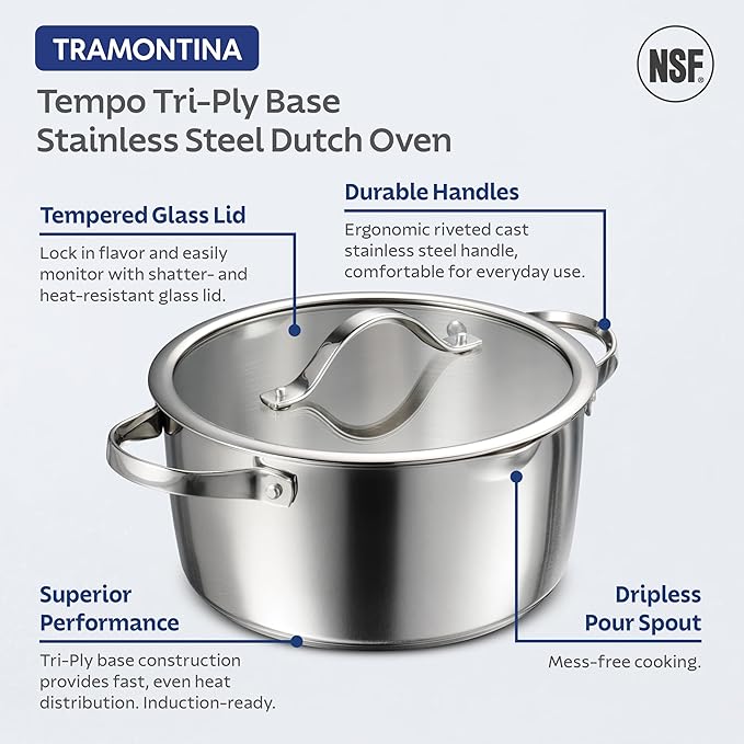 Tramontina Tempo Tri-Ply Base Stainless Steel 5-Quart Dutch Oven Pot with Glass Lid, Induction-Ready, Oven-Safe, Dishwasher-Safe