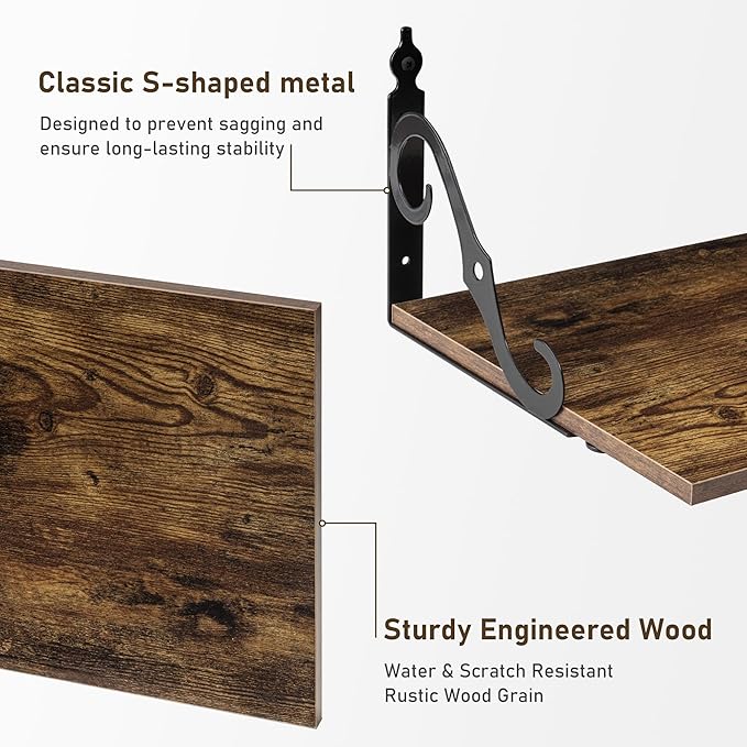 Deep Floating Shelves, 24" W x 12" D Wall Shelves Set of 2, Wide Display Shelf Wall Mounted with Brackets, Bookshelf for Living Room, Bathroom, Bedroom, Rustic Brown