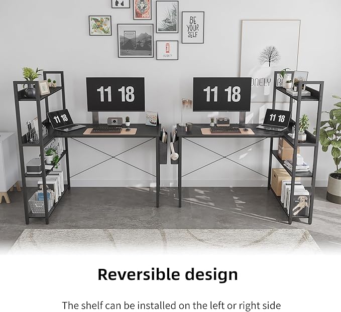 Treesland 55 Inch Computer Desk with Storage Shelves, L Shaped Desk with Storage, Corner Desk with Storage, Home Office Desks, Bookshelf Desk, Writing Study Desk for Bedroom, Black